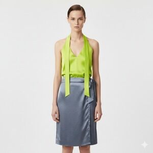 New Wildfang Empower Satin Wrap Skirt Size Small Blue Knee Length Party Cocktail
